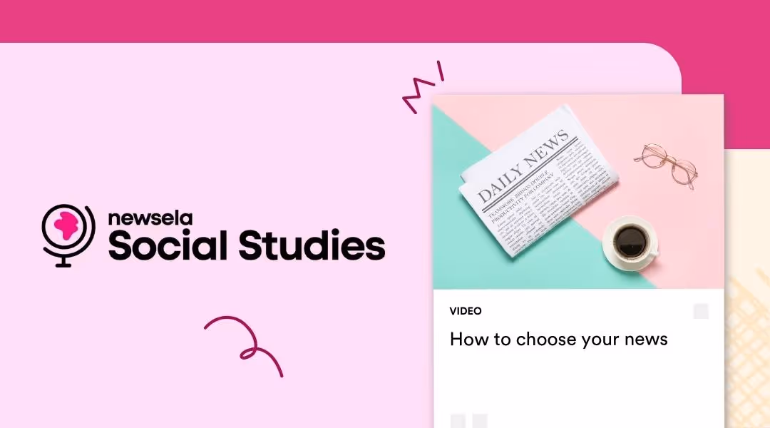 Newsela Social Studies video thumbnail for "How to choose your news" featuring a top-down view of a "Daily News" newspaper next to a cup of black coffee on a pink and teal background.