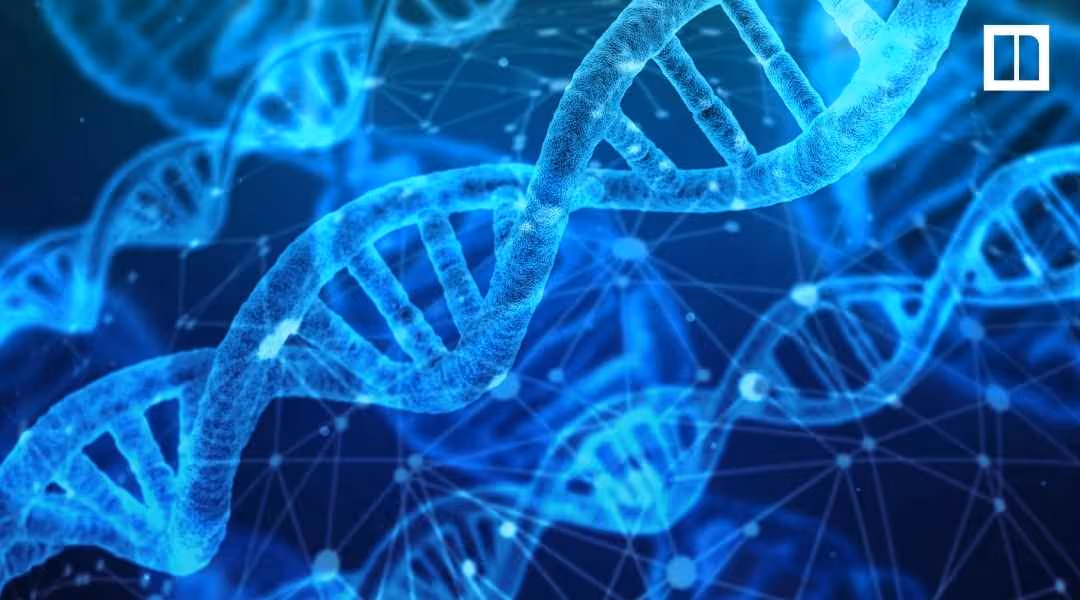 A high-resolution 3D medical illustration of interconnected blue glowing DNA strands on a dark background.