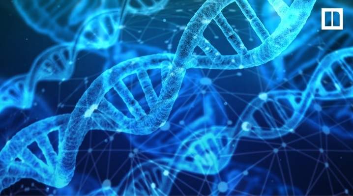 A high-resolution 3D medical illustration of interconnected blue glowing DNA strands on a dark background.