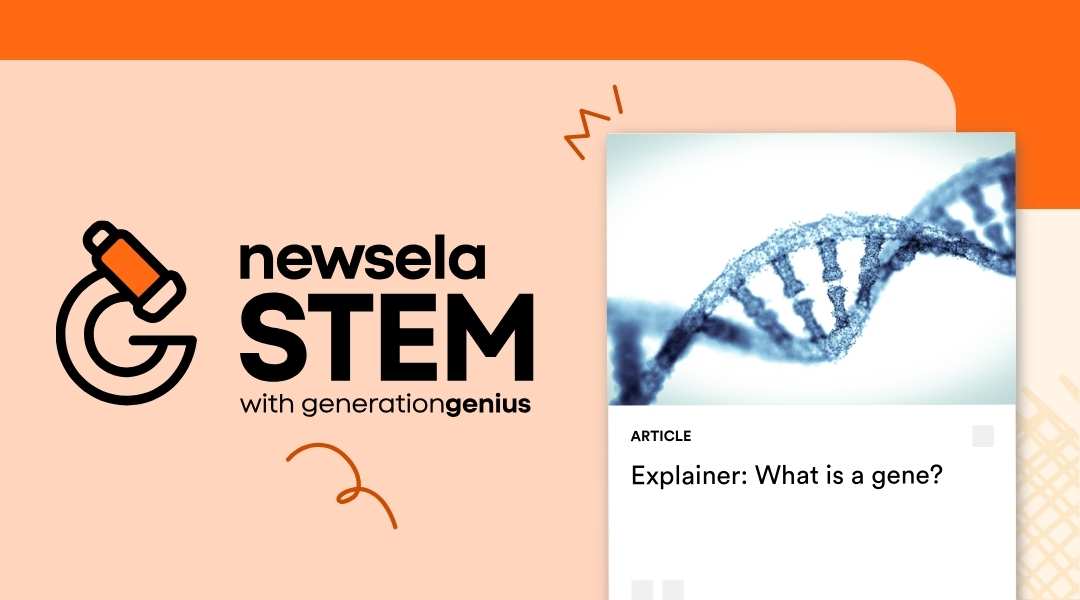 Newsela STEM article titled "Explainer: What is a gene?" featuring a stylized glowing blue DNA double helix on a white background.