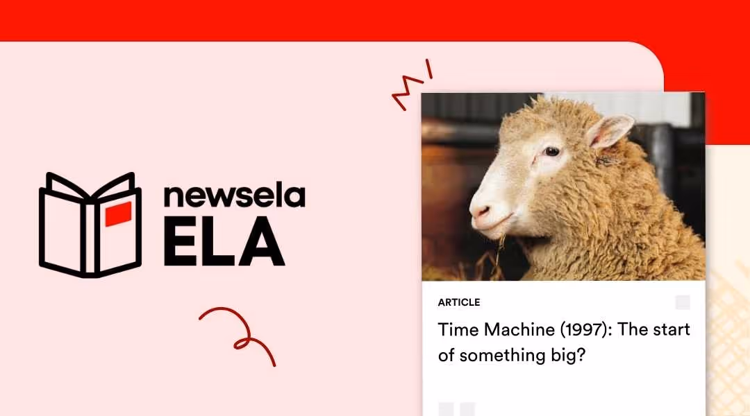 Newsela ELA article titled "Time Machine (1997): The start of something big?" featuring a close-up profile photo of a woolly sheep.