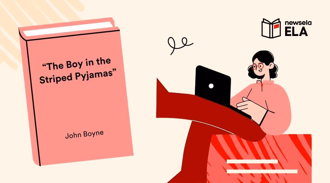 Book cover illustration for "The Boy in the Striped Pyjamas" by John Boyne, highlighted as a Newsela ELA historical fiction resource for students.