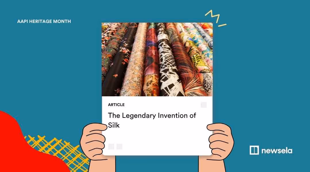 An article card titled "The Legendary Invention of Silk" featuring a photo of vibrant, colorful rolls of patterned silk fabric.