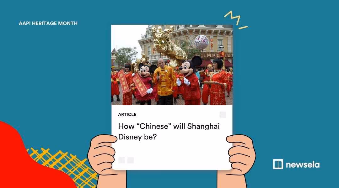 A graphic titled "How ‘Chinese’ will Shanghai Disney be?" showing Mickey and Minnie Mouse in traditional Chinese attire during a parade at the theme park.