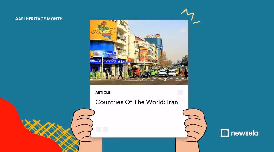 An AAPI Heritage Month graphic for an article titled "Countries Of The World: Iran," showing a busy street scene in an Iranian city with colorful storefronts, Arabic signage, and passing cars.