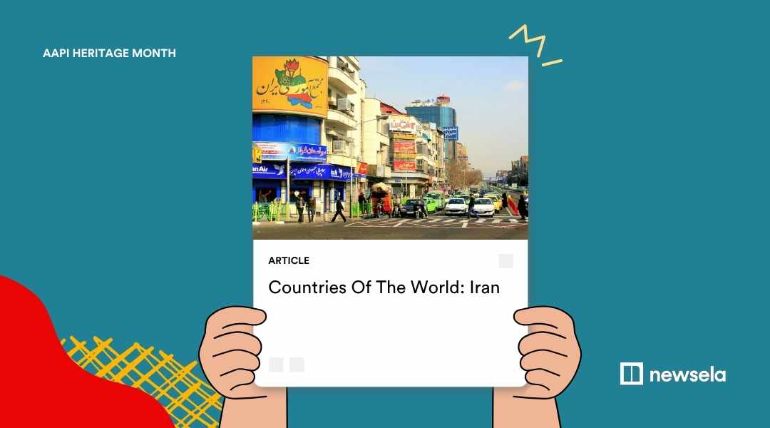 An AAPI Heritage Month graphic for an article titled "Countries Of The World: Iran," showing a busy street scene in an Iranian city with colorful storefronts, Arabic signage, and passing cars.