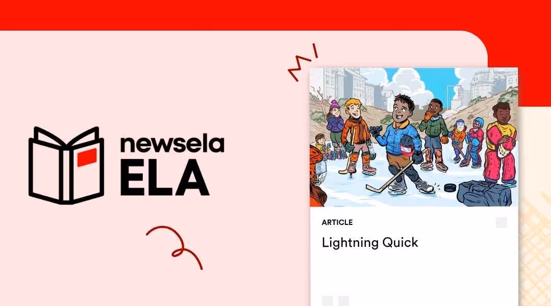 A Newsela ELA article cover titled "Lightning Quick" featuring a colorful cartoon illustration of diverse children playing street hockey on an asphalt rink with a city skyline in the background.