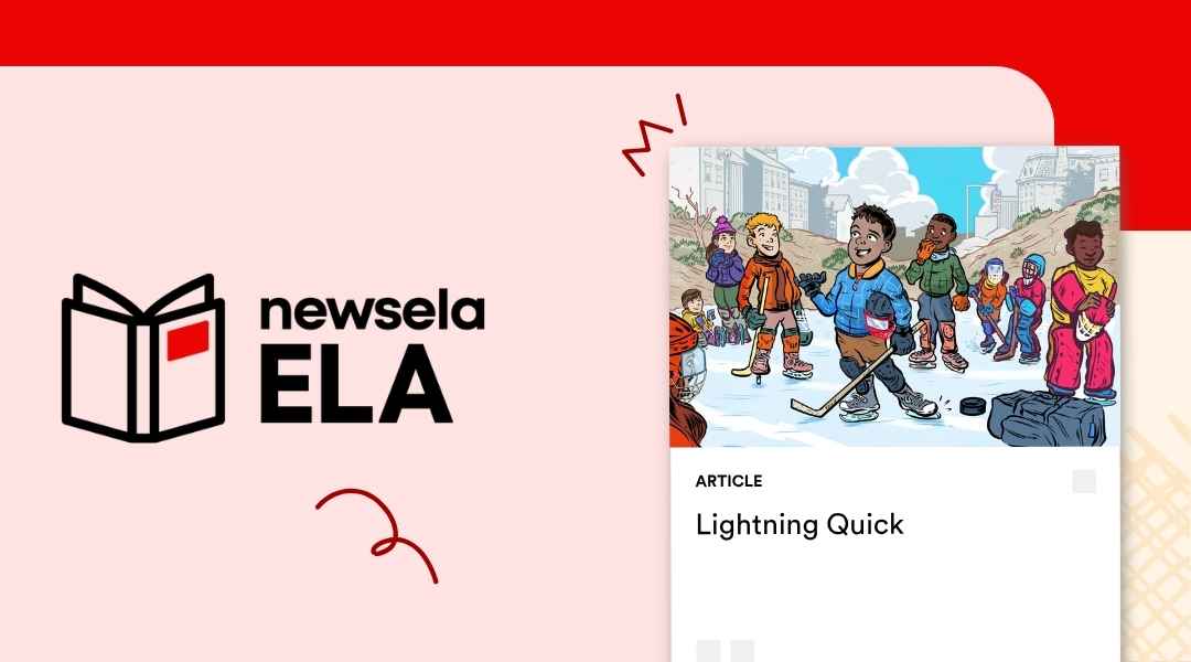 A Newsela ELA article cover titled "Lightning Quick" featuring a colorful cartoon illustration of diverse children playing street hockey on an asphalt rink with a city skyline in the background.