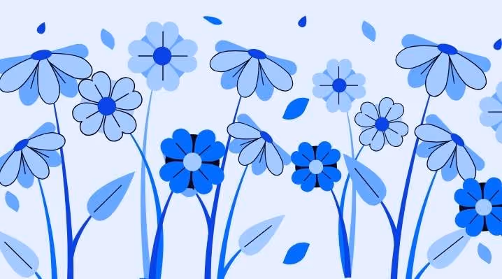 A decorative horizontal banner featuring stylized blue flowers and falling leaves on a light blue background, representing growth and appreciation.