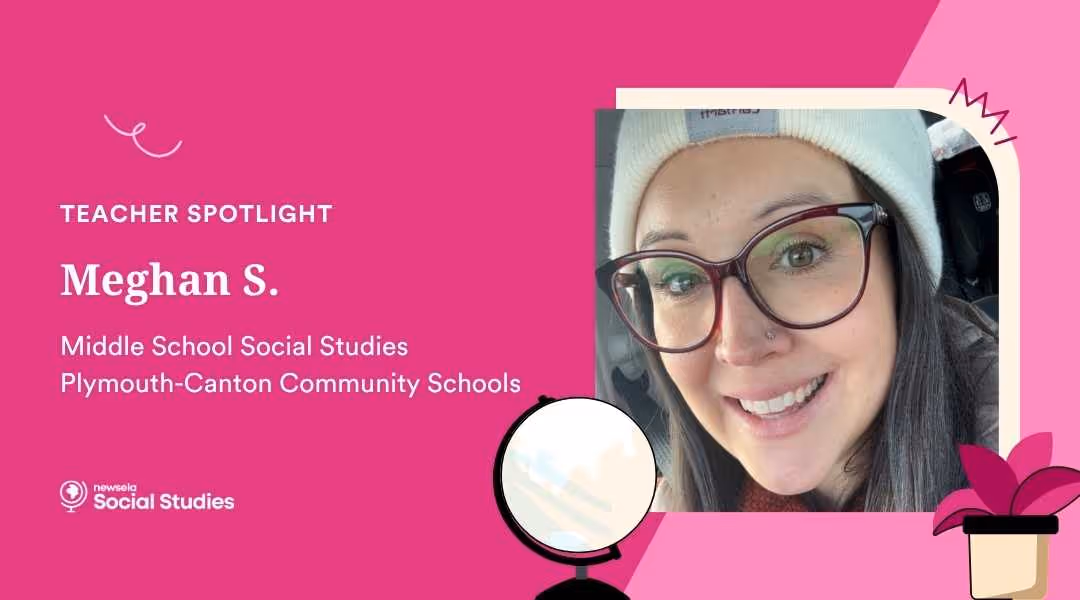 Teacher Spotlight on Meghan S., Middle School Social Studies teacher at Plymouth-Canton Community Schools, featuring a close-up smiling portrait.
