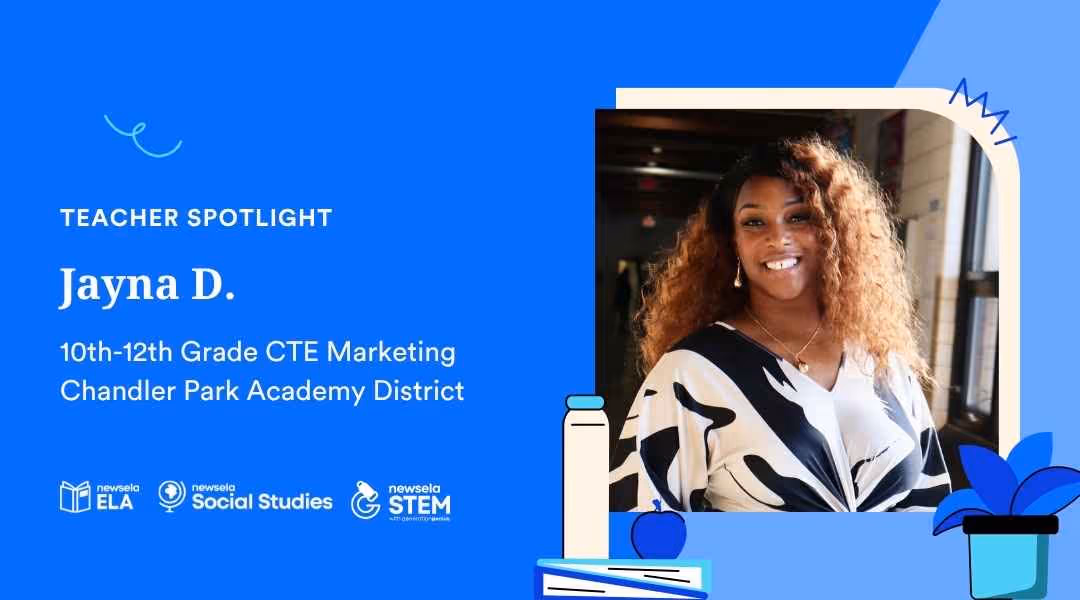 Teacher Spotlight on Jayna D., 10th-12th Grade CTE Marketing teacher at Chandler Park Academy District, featuring her smiling portrait.