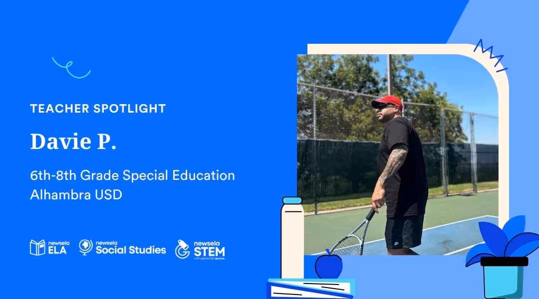 Teacher Spotlight on Davie P., 6th-8th Grade Special Education teacher at Alhambra USD, showing him on a tennis court.