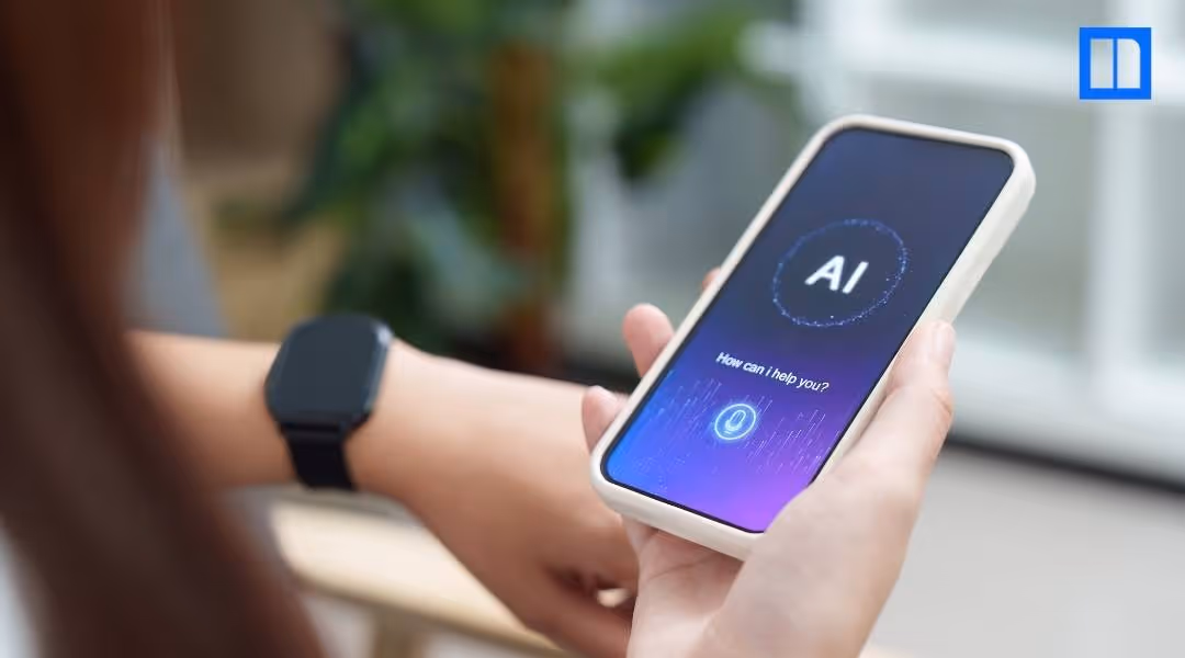 Person holding a smartphone with an AI assistant screen.