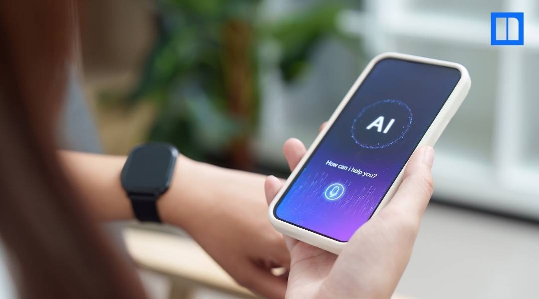 Person holding a smartphone with an AI assistant screen.