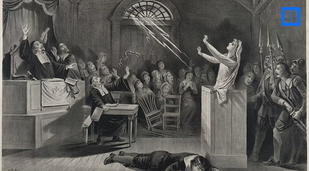Black-and-white historical illustration of a distressed woman before a crowd in a courtroom.