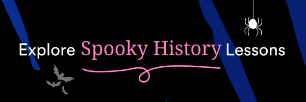 Text reading “Explore Spooky History Lessons” on a Halloween-themed banner.