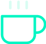 Outline icon of a steaming coffee cup in turquoise color.