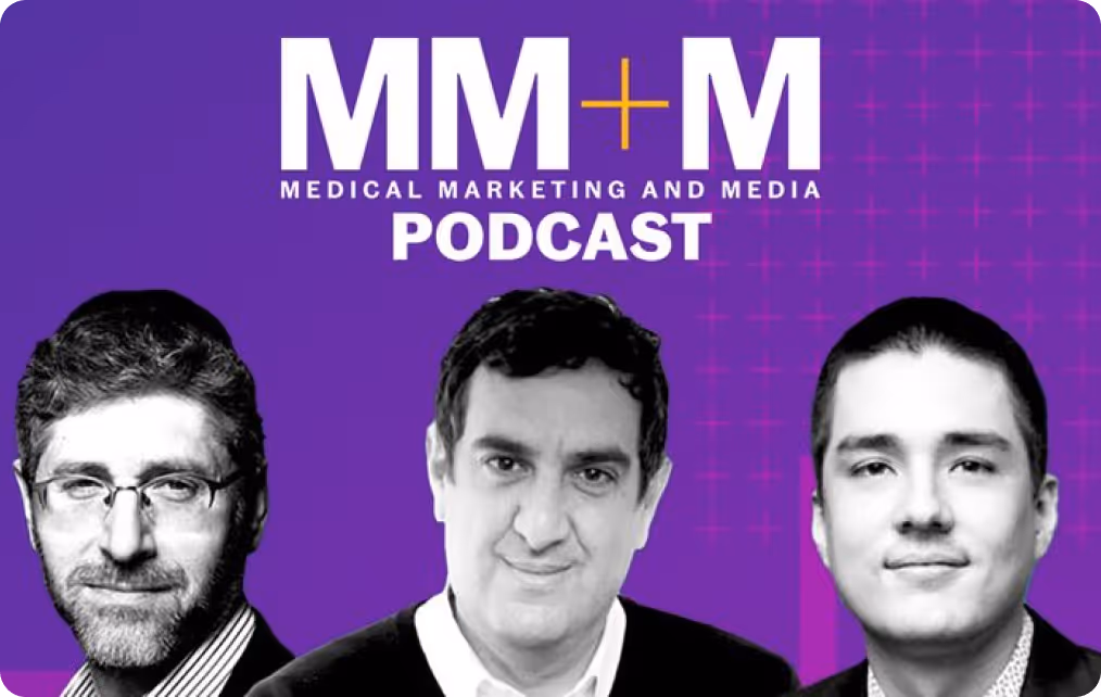 Black and white portraits of three men under the text MM+M Medical Marketing and Media Podcast on a purple background.