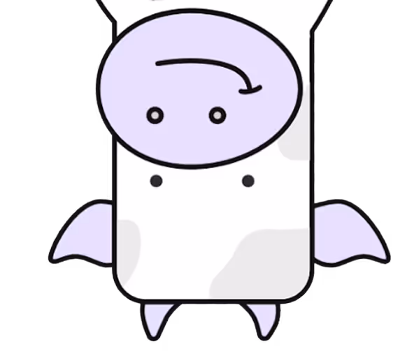 Cute cartoon cow character with a light purple oval face, small eyes, two small wings, and small legs.