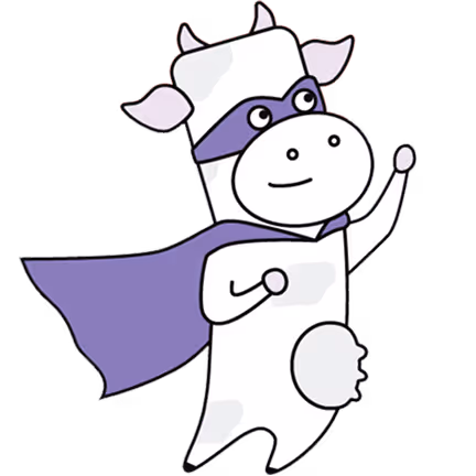 Cartoon white cow wearing a purple superhero mask and cape, raising one arm confidently.