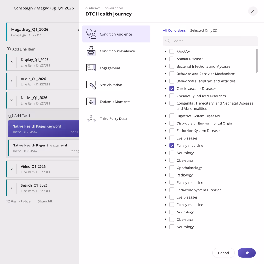 User interface of a campaign management tool showing 'DTC Health Journey' audience optimization with a list of health conditions and categories, some checked, including 'Cardiovascular Diseases' and 'Family medicine'.