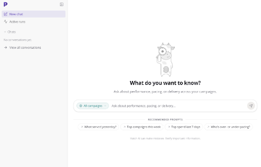 The Hatch conversational interface showing the prompt: What do you want to know?