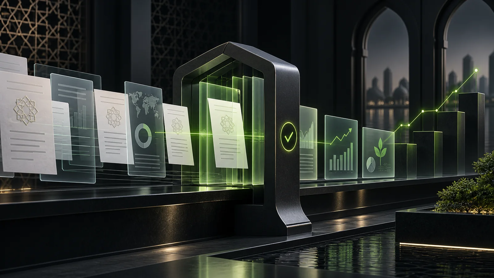 Abstract AAOIFI-aligned investment screening process with documents and financial data panels