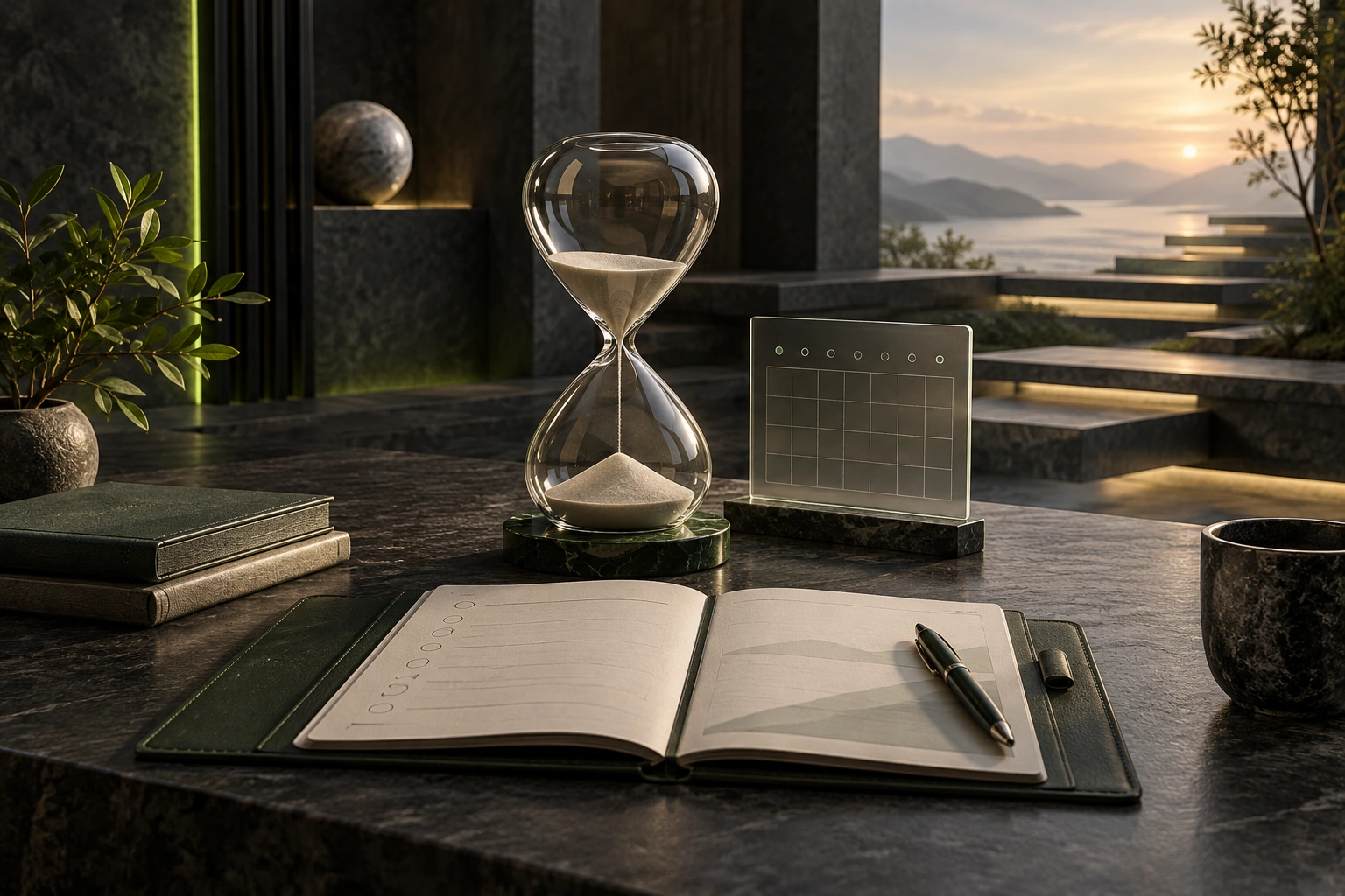 Glass hourglass, a translucent calendar and an open planning notebook on a charcoal desk with subtle green light.