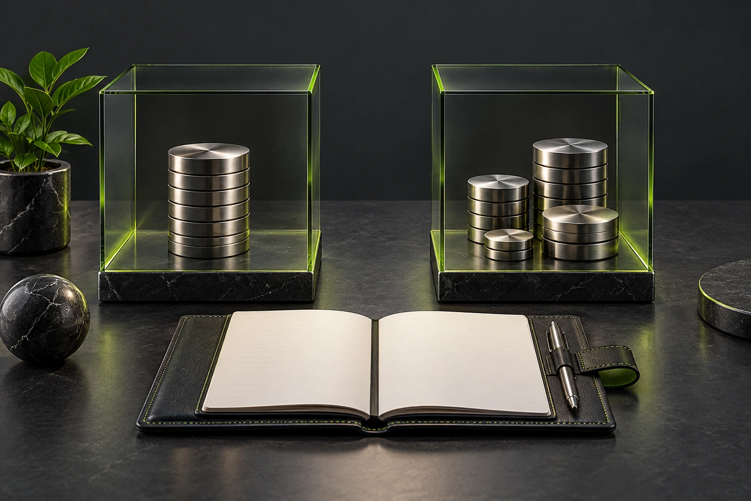 Two equally lit glass display blocks with differently grouped metal tokens and a blank planning folio on a charcoal desk.