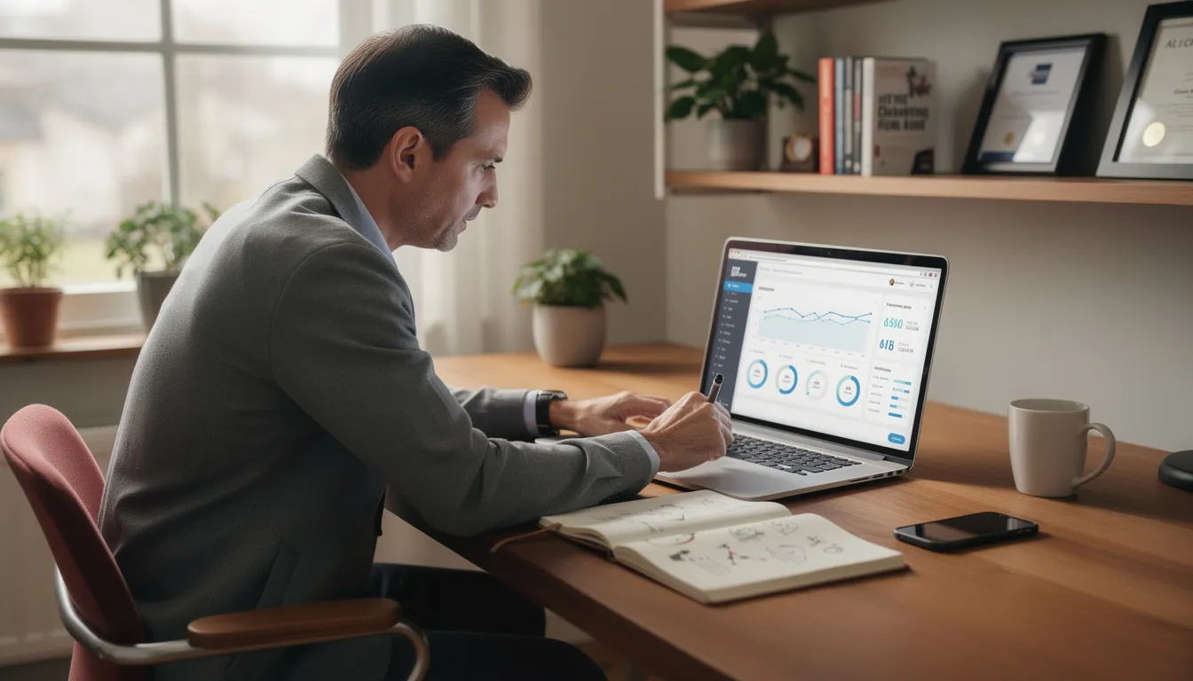 Image of a fractional CMO at his desk looking at a computer screen analyzing client website data for strategy