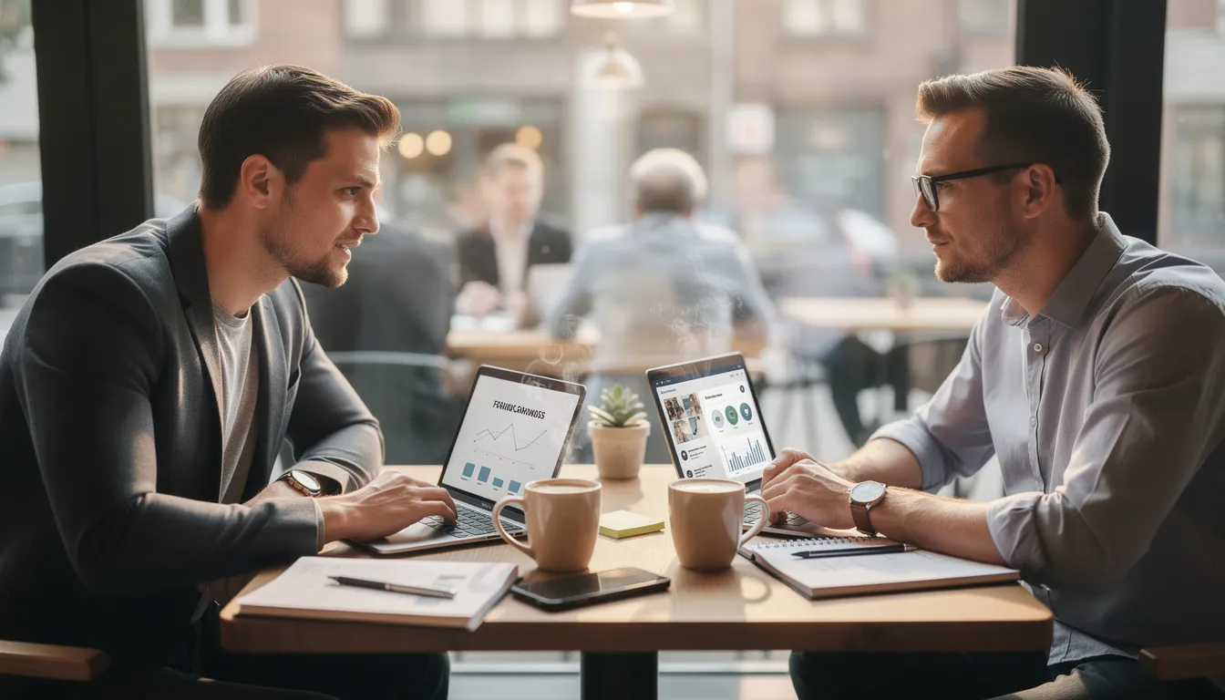 A CTO founder meeting with a fractional CMO and chatting over coffee