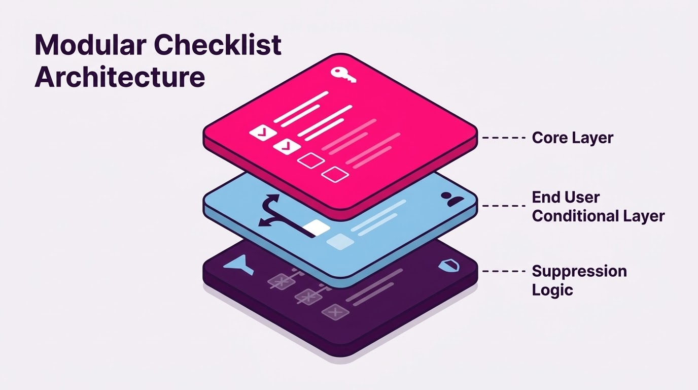Diagram showing three-layer modular SaaS onboarding checklist architecture