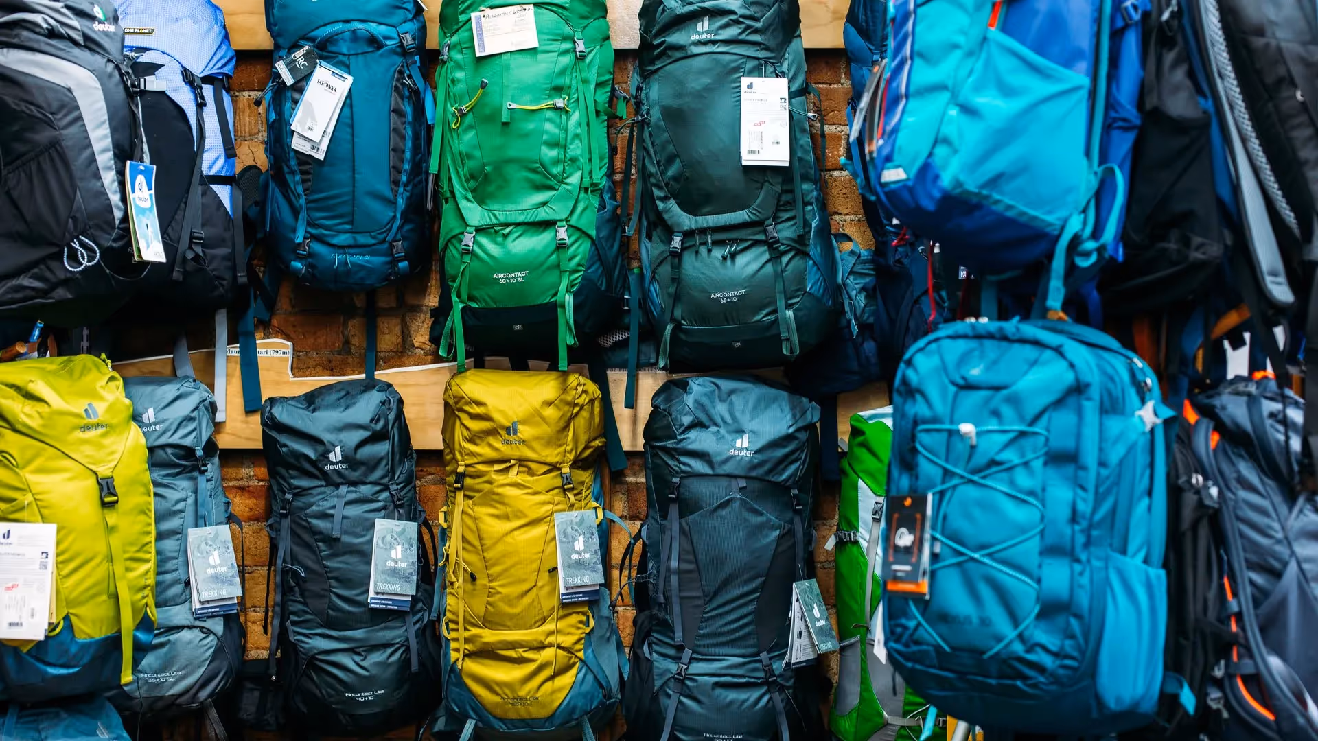 A vibrant display of outdoor backpacks in various colours, including green, blue, and yellow, showcased on a wooden rack. Perfect for adventure enthusiasts in Hamilton, these durable bags support local businesses while promoting community exploration.