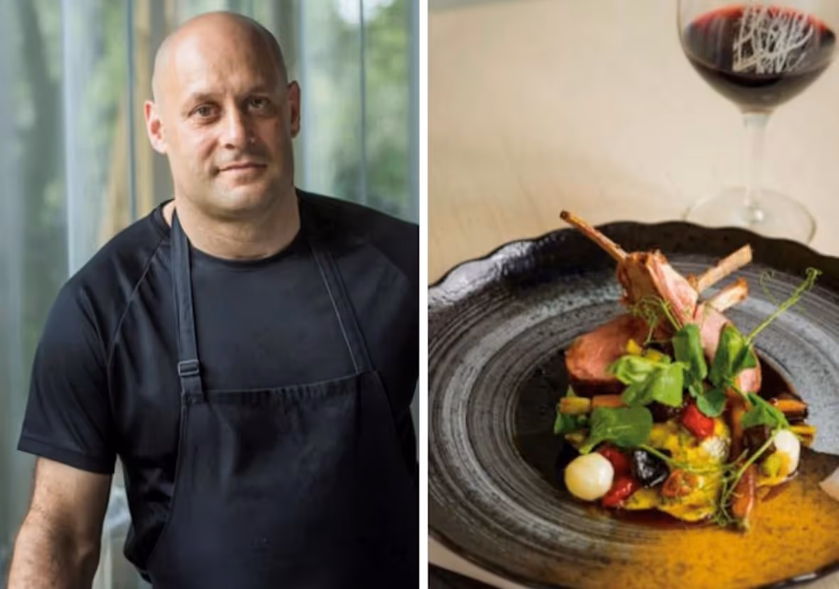 Alt text: "Chef in a black apron showcasing his culinary expertise, next to an elegant plate of gourmet lamb dish paired with fresh vegetables and a glass of red wine, highlighting Hamilton’s vibrant dining scene."