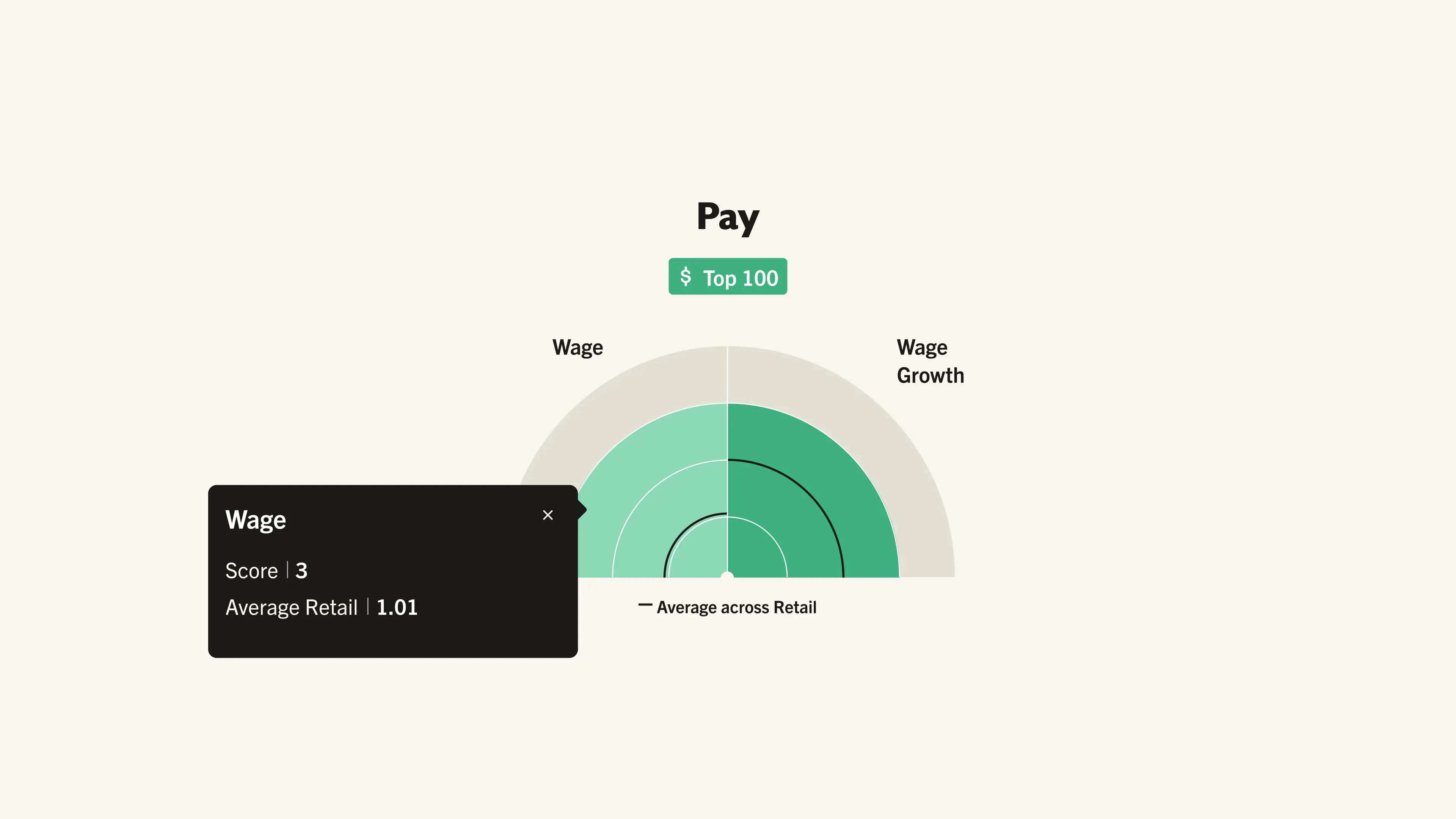 Radial chart showing "Pay" metrics with green segments for "Wage" and "Wage Growth" sections. Black tooltip displays "Wage Score 3, Average Retail 1.01" with "Top 100" label and "Average across Retail" baseline indicator