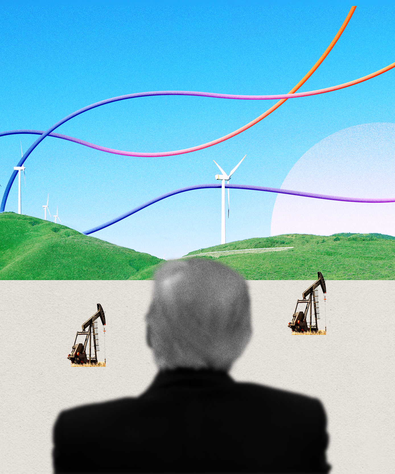 A collage illustration with Trump's silhouette in the foreground watching oil derricks across a desert landscape, while green hills with wind turbines and colorful upward data lines stretch overhead