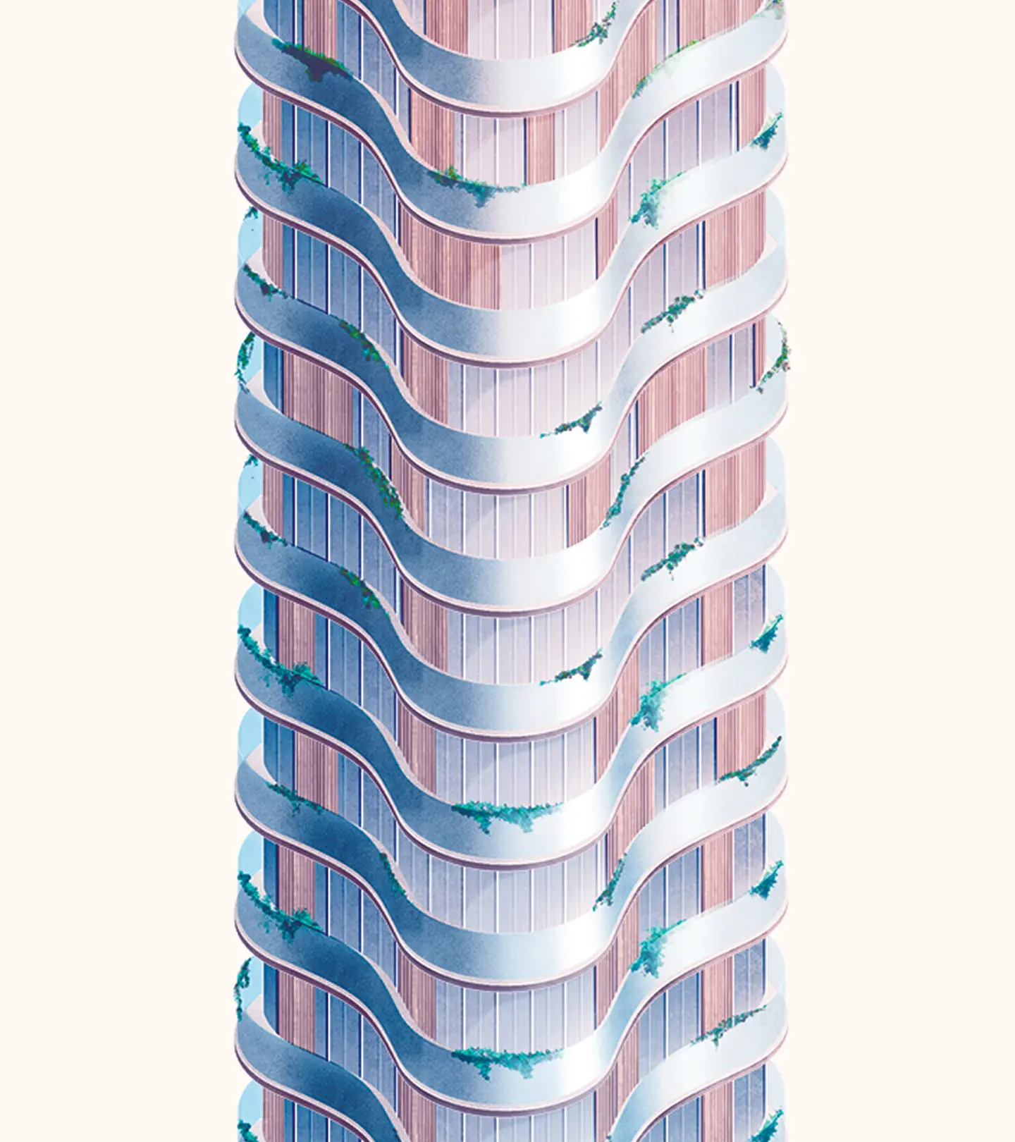 Close-up of megacity tower facade with curved blue and white wave-like floors, pink vertical panels, and teal foliage accents on cream background.