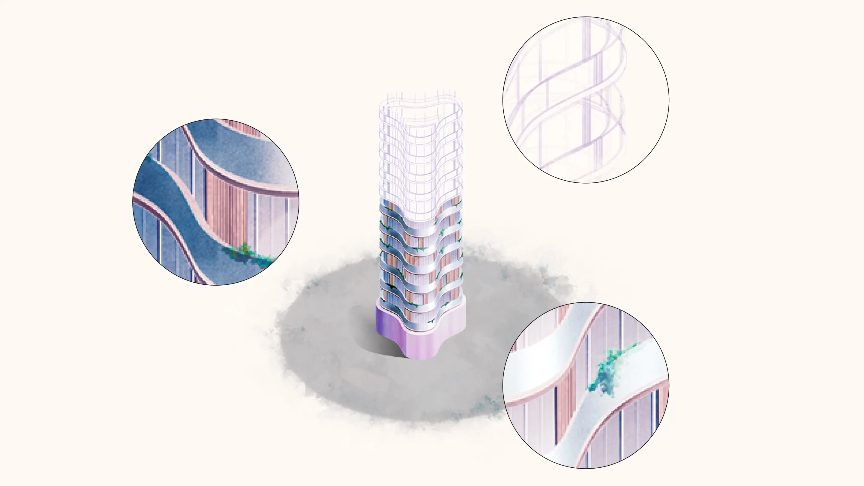 Isometric tower with purple base and sketched 2035 wireframe top, surrounded by three circular close-ups of blue, pink, and teal facade details.