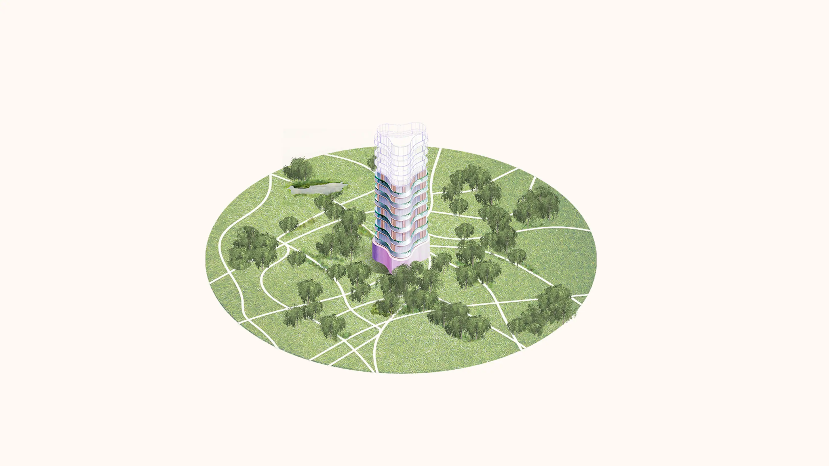 Isometric illustrated megacity tower in white, pink, and purple rises from a circular green landscape with trees and winding white paths.
