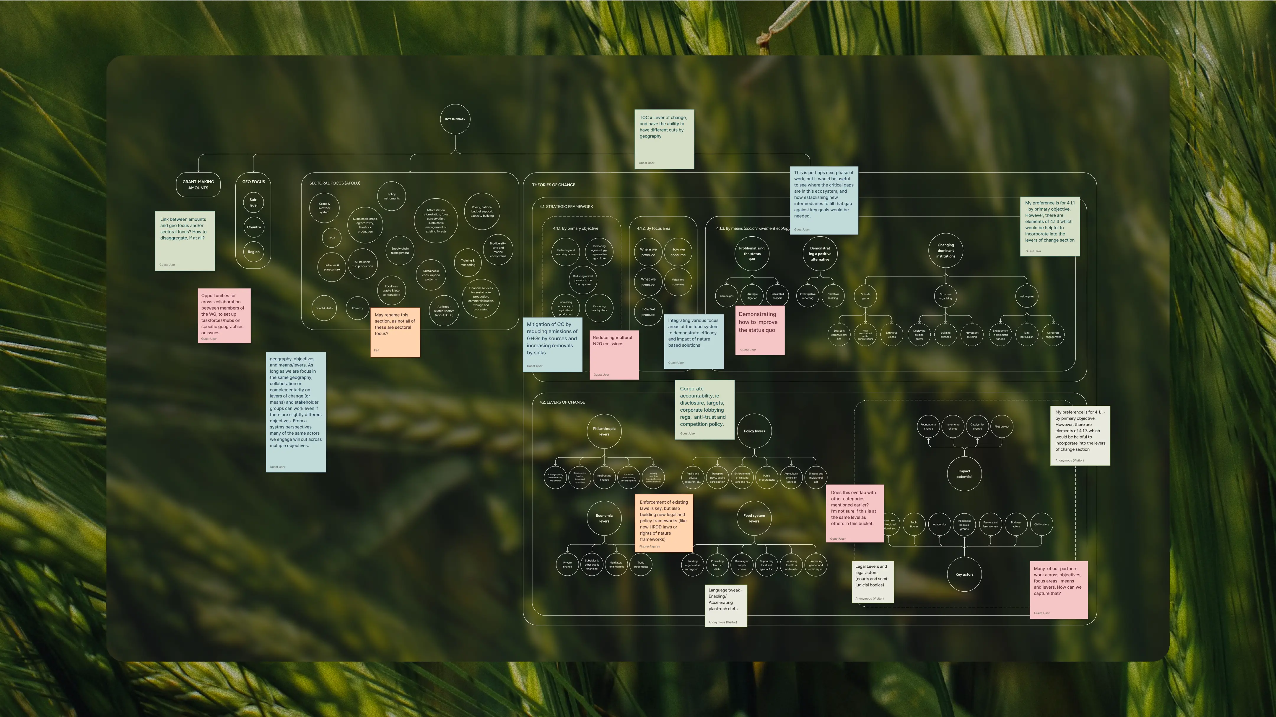 Layered taxonomy diagram with interconnected circles on a forest background, showing theories of change and levers with color-coded sticky note annotations.