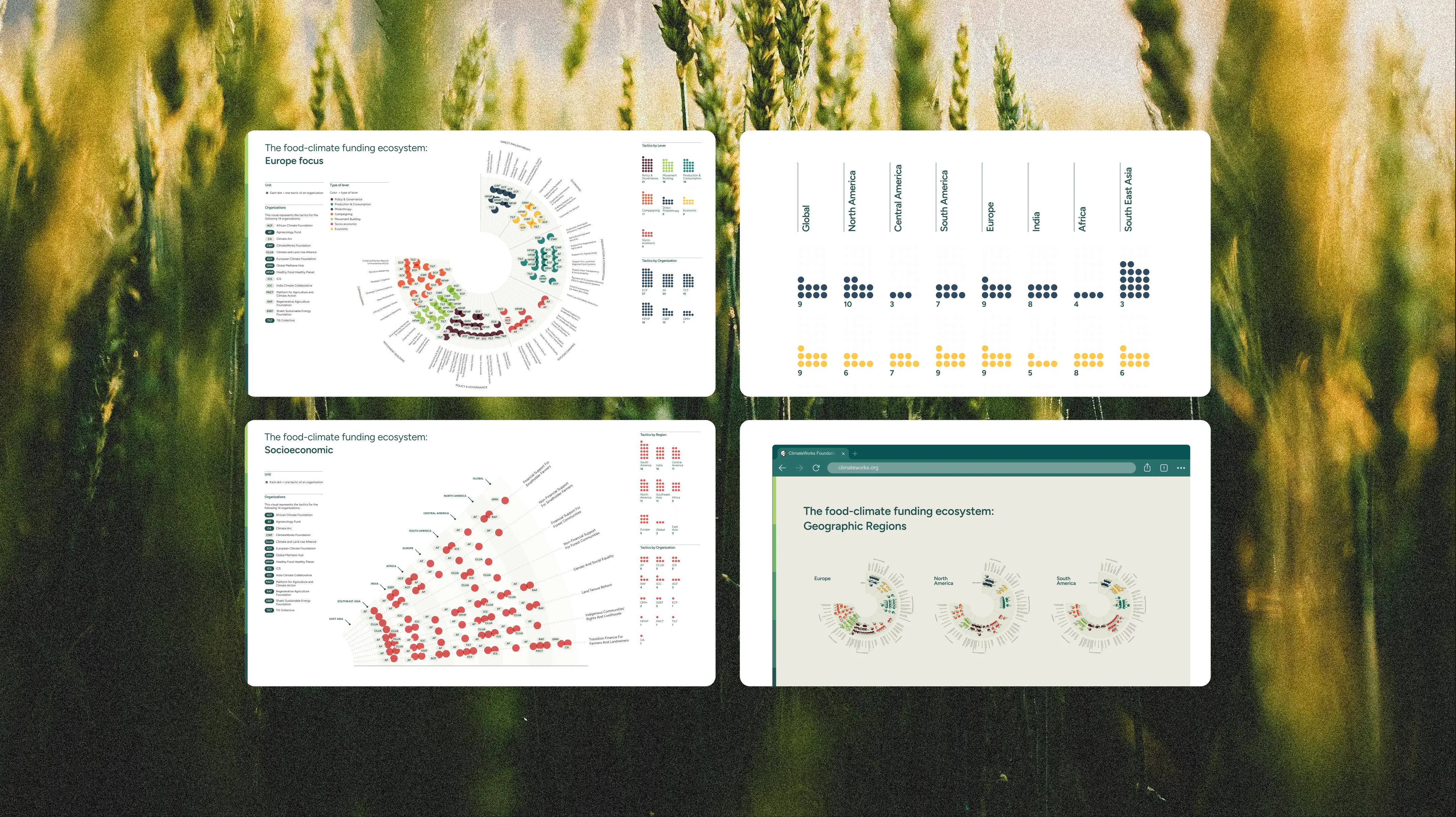 Four white cards on a wheat background previewing Europe and socioeconomic radial maps, a region dot grid, and a geographic browser view.