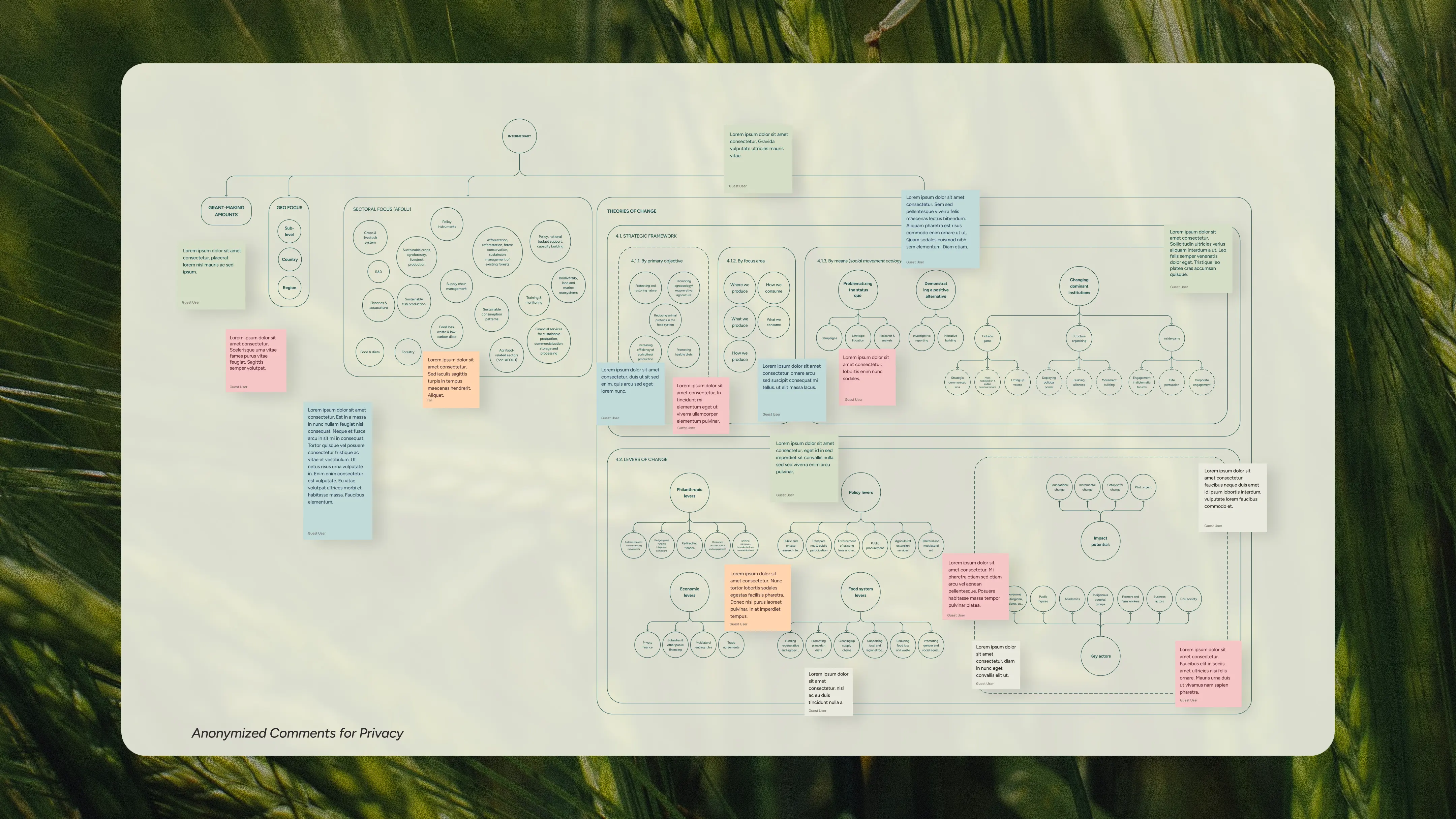 Layered taxonomy diagram with interconnected circles on a forest background, showing theories of change and levers with color-coded sticky note annotations.