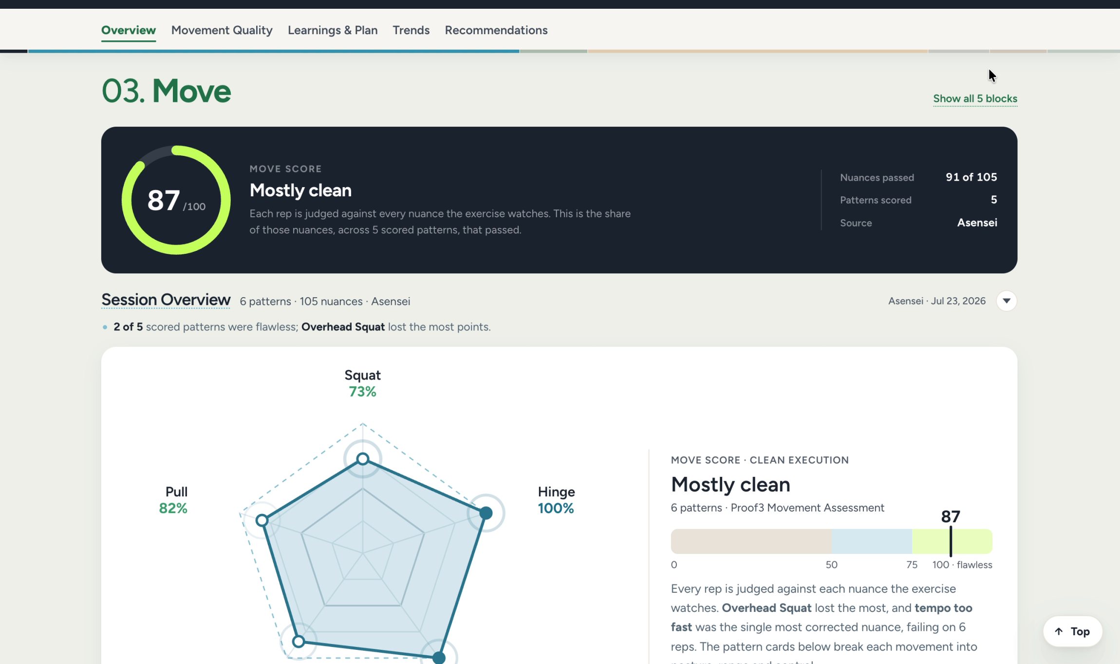 The Move section of the proof3 report showing a movement quality score and pattern breakdown