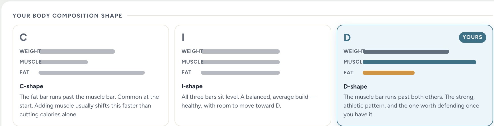 The proof3 report comparing three body composition shapes and marking which one applies
