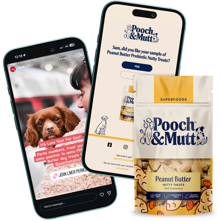 Dog eating pet treat product sample