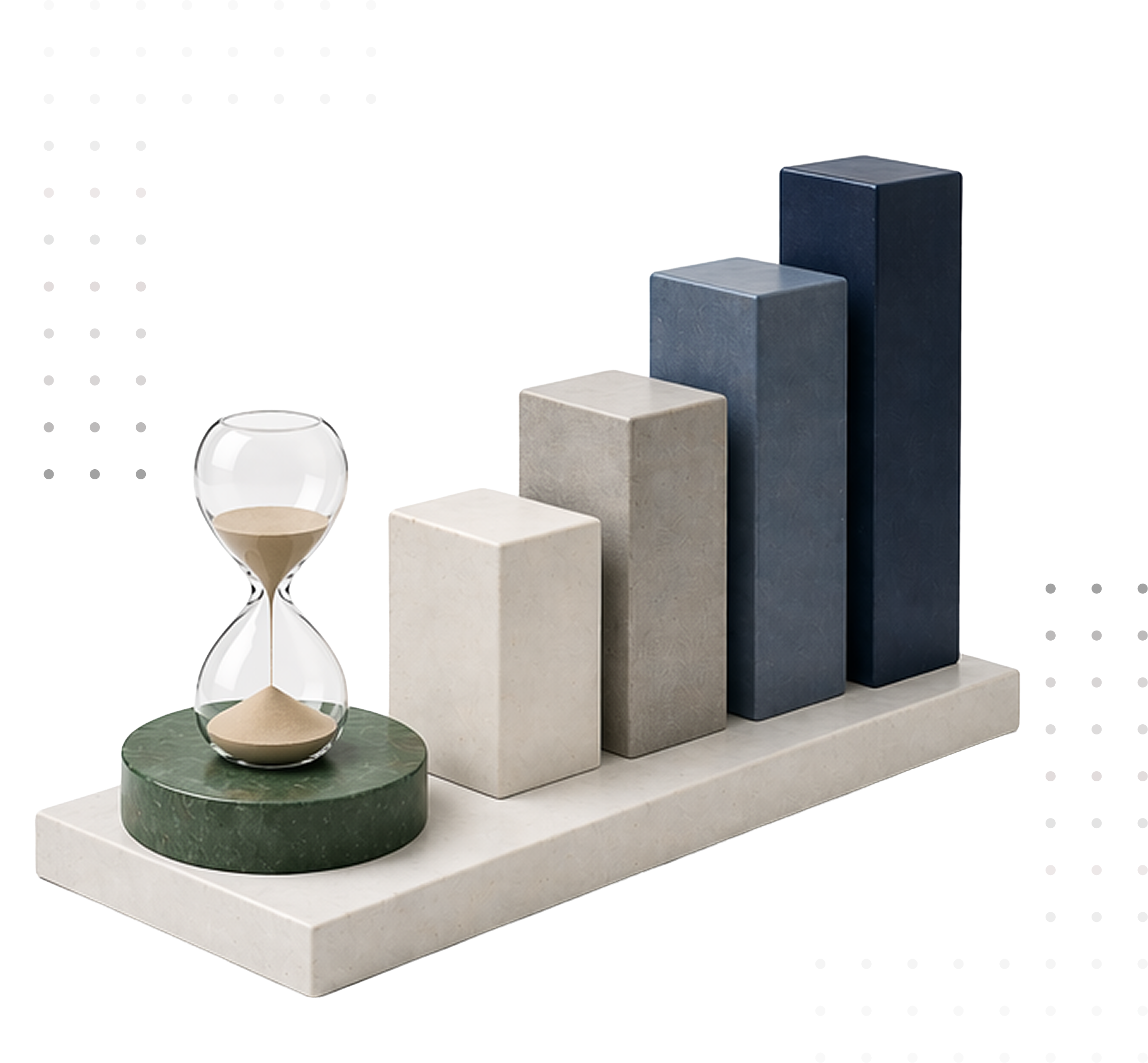 Hourglass and rising bar chart illustration representing long-term thinking and patient investing