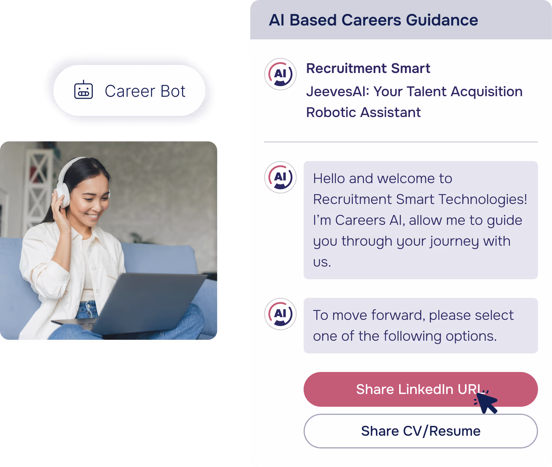 AI recruitment chatbot interface showing candidate job matching and automated career guidance system in action