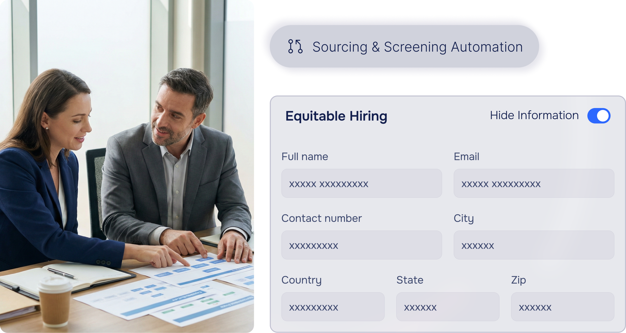 Sniper AI's equitable hiring interface demonstrating blind recruitment process with concealed candidate information and diversity analytics dashboard