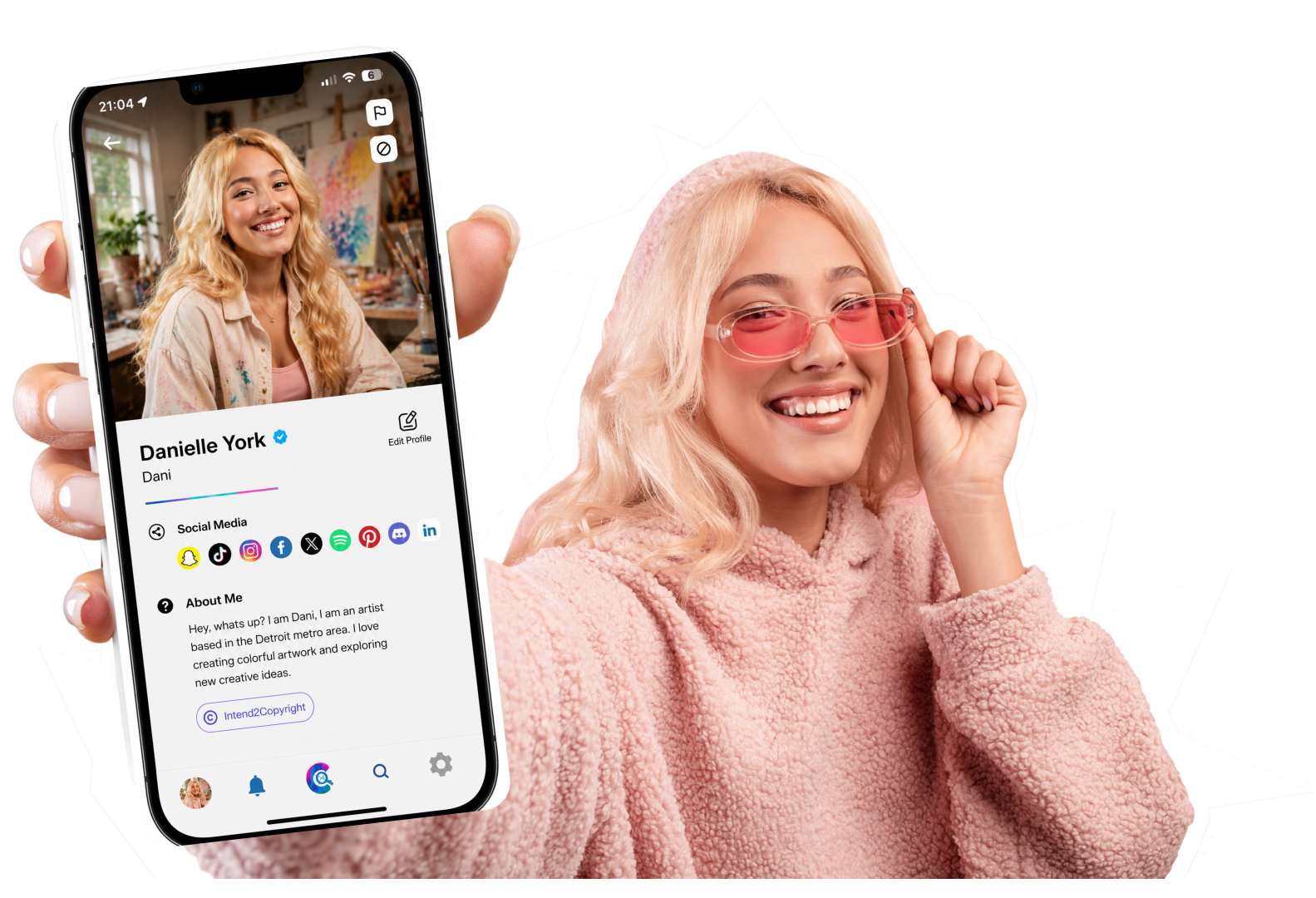 Smiling woman in pink sweater and pink sunglasses holding a smartphone showing a dating profile of Tim Smith, a 31-year-old male from Detroit, MI.