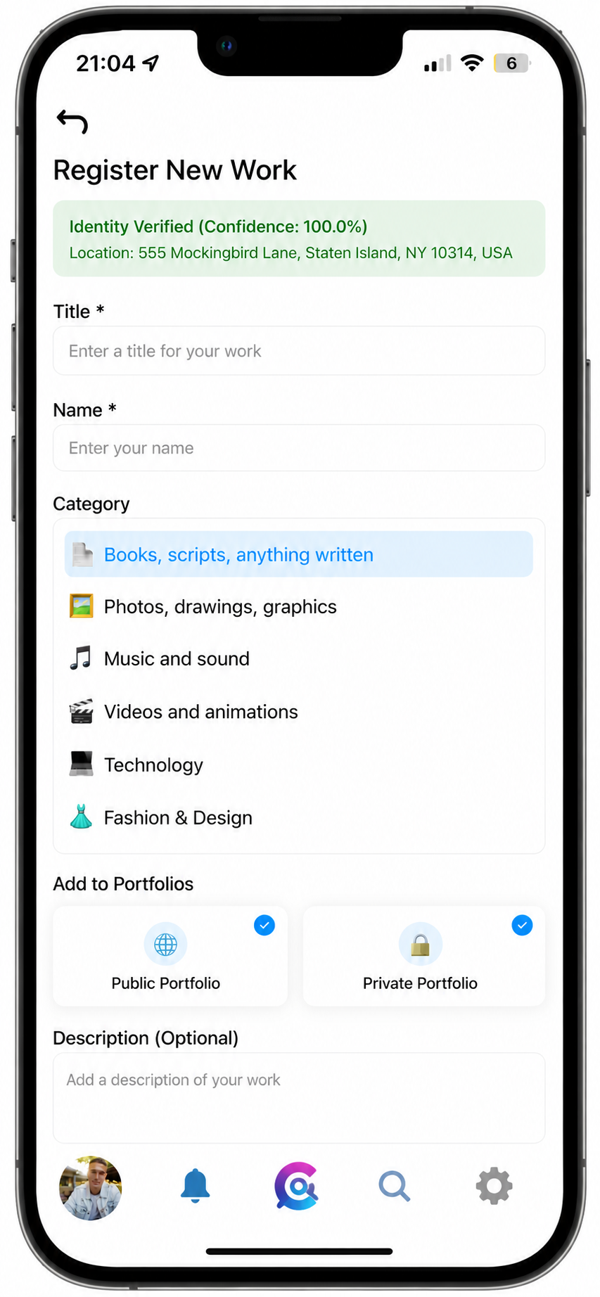 Smartphone screen showing a settings page with toggles to link social media profiles including Snapchat, TikTok, Instagram, Facebook, X, Spotify, Pinterest, theliveapp, and LinkedIn, with all enabled except X profile.